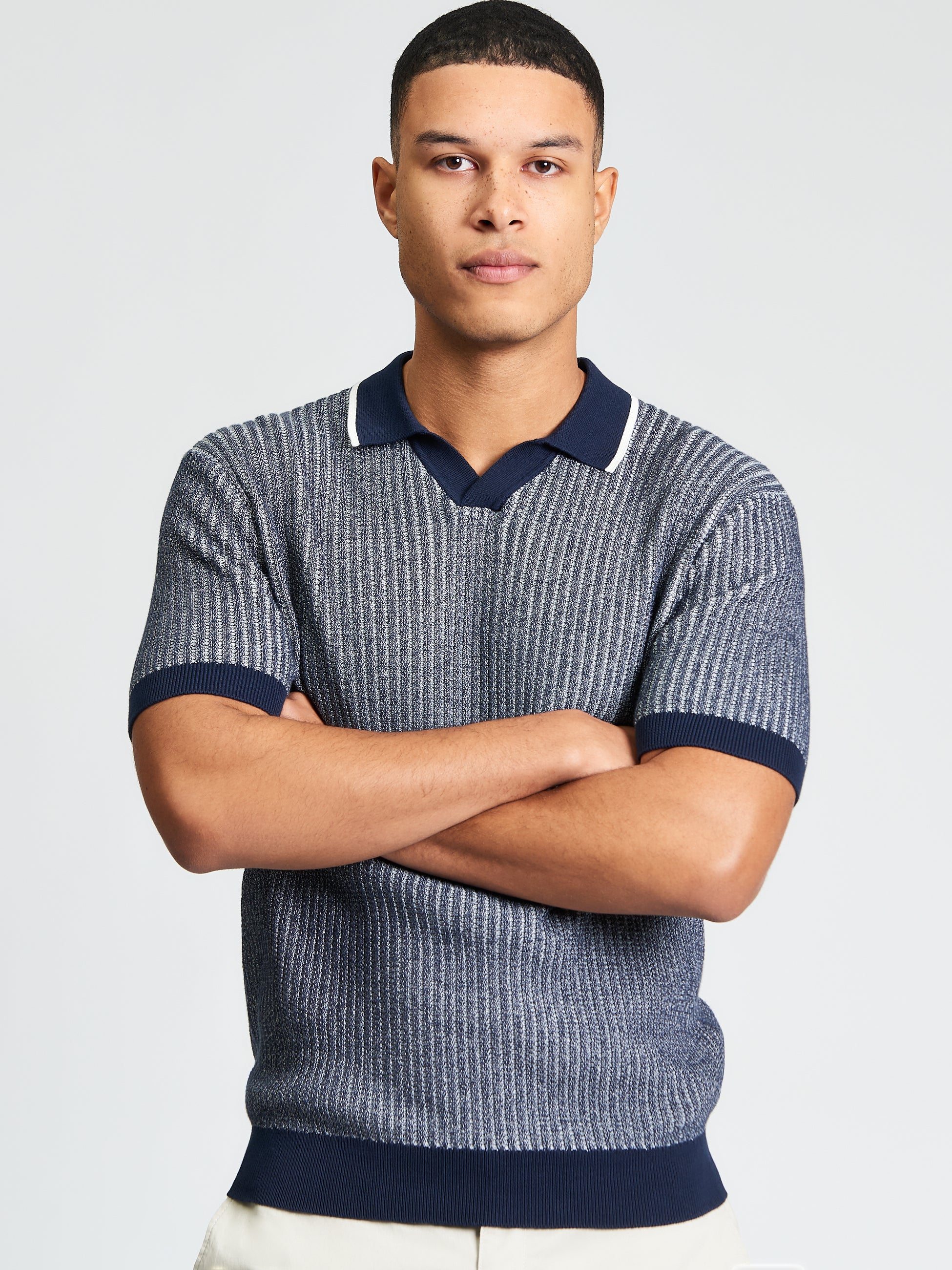 Bi Coloured Textured Polo – navy and grey striped cotton polo shirt with short sleeves and contrast collar.