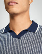 Bi Coloured Textured Polo – close-up of the collar and neckline pattern in navy and white.