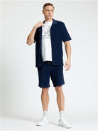 Towelling Button Through Shirt – navy – casual regular fit outfit by Ben Sherman with shorts and t-shirt.