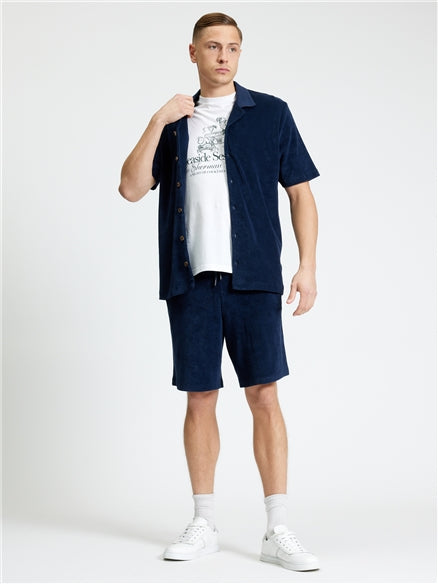 Towelling Button Through Shirt – navy – casual regular fit outfit by Ben Sherman with shorts and t-shirt.