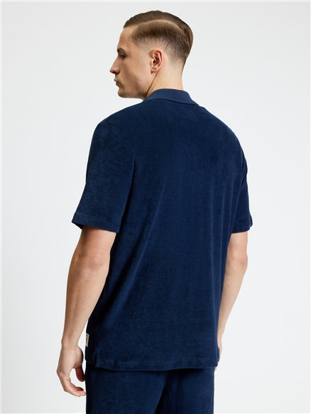 Towelling Button Through Shirt – Back view of model in navy cotton shirt by Ben Sherman.