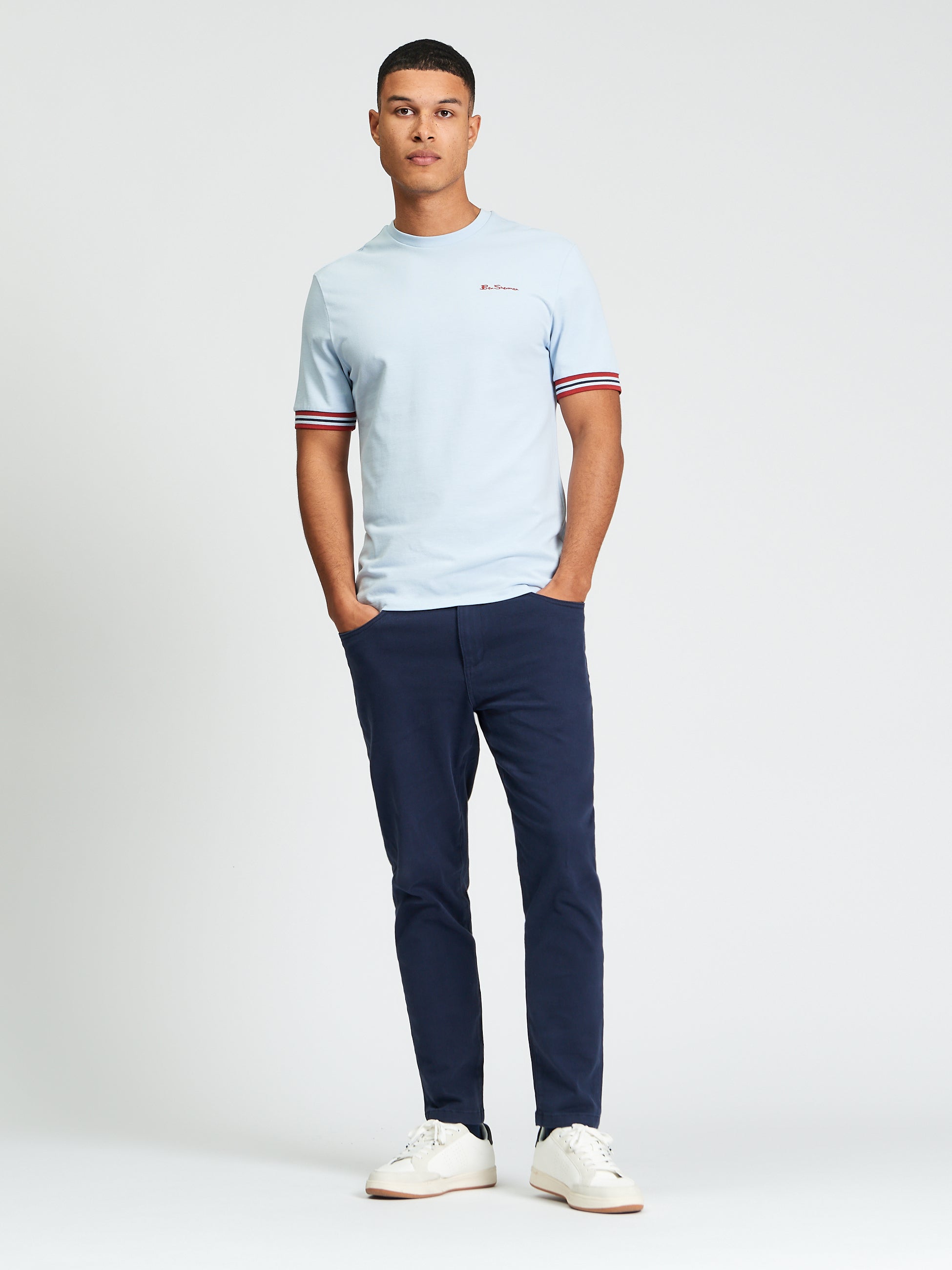 Pique Tipped Tee – men's light blue tee with contrast color-block cuffs and Ben Sherman logo.