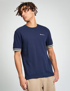 Pique Tipped Tee – navy blue with contrast colour-block cuffs and Ben Sherman Script logo embroidery.