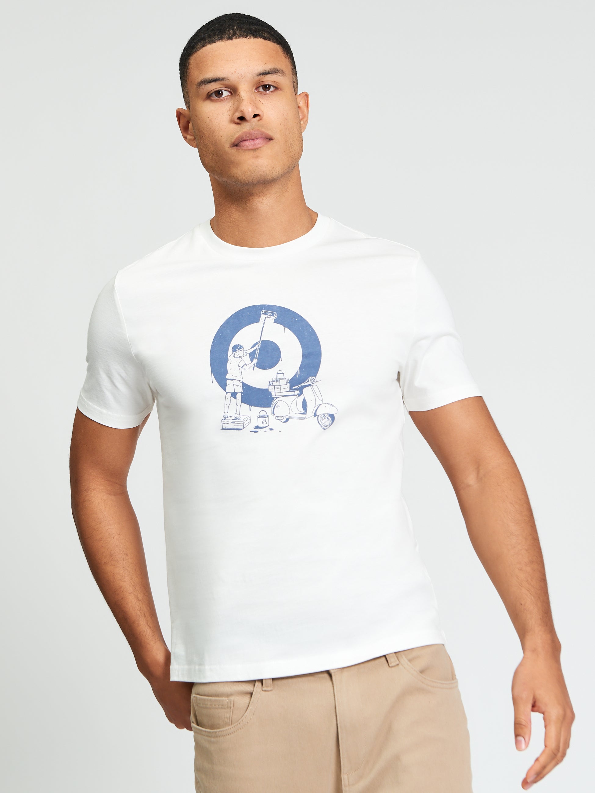 Rascal Target Tee featuring an art-inspired graphic print on a model, crafted from 100% organic cotton for everyday wear.
