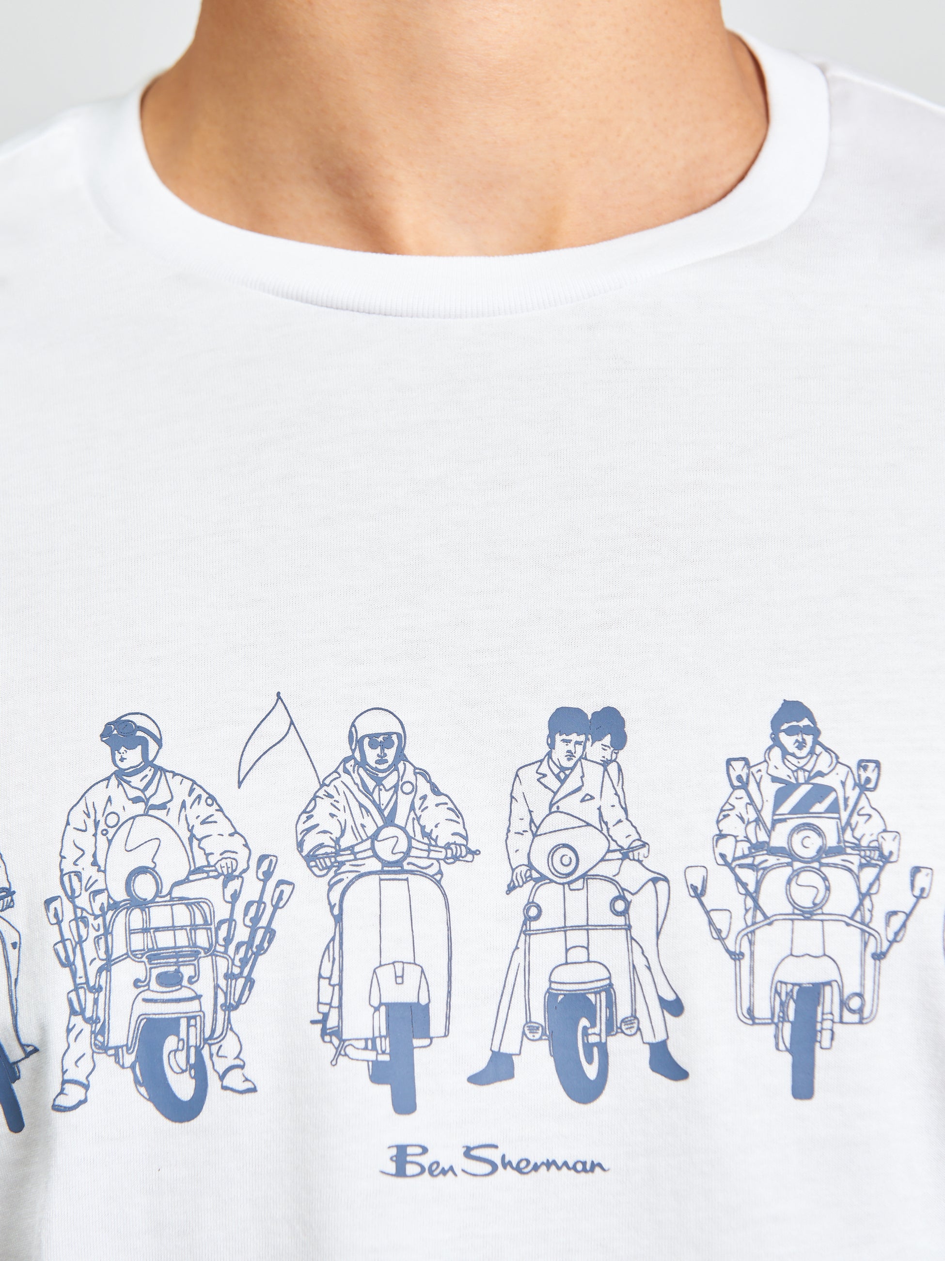 The Start Line Tee – Graphic print of mod scene on a white Ben Sherman t-shirt, showcasing iconic lifestyle and comfort.