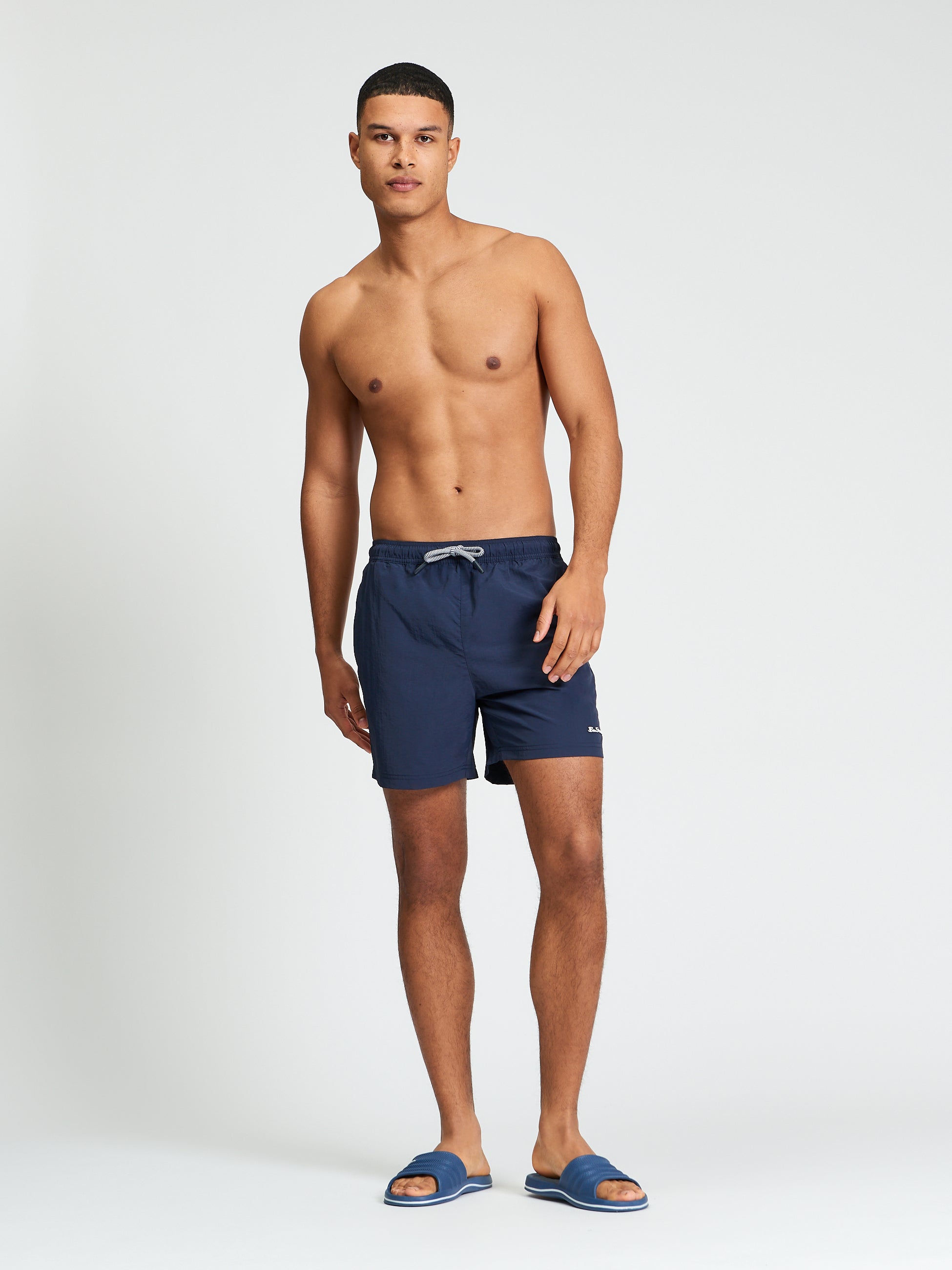 Swimshort – navy elasticated waistband with adjustable drawstring for comfortable fit