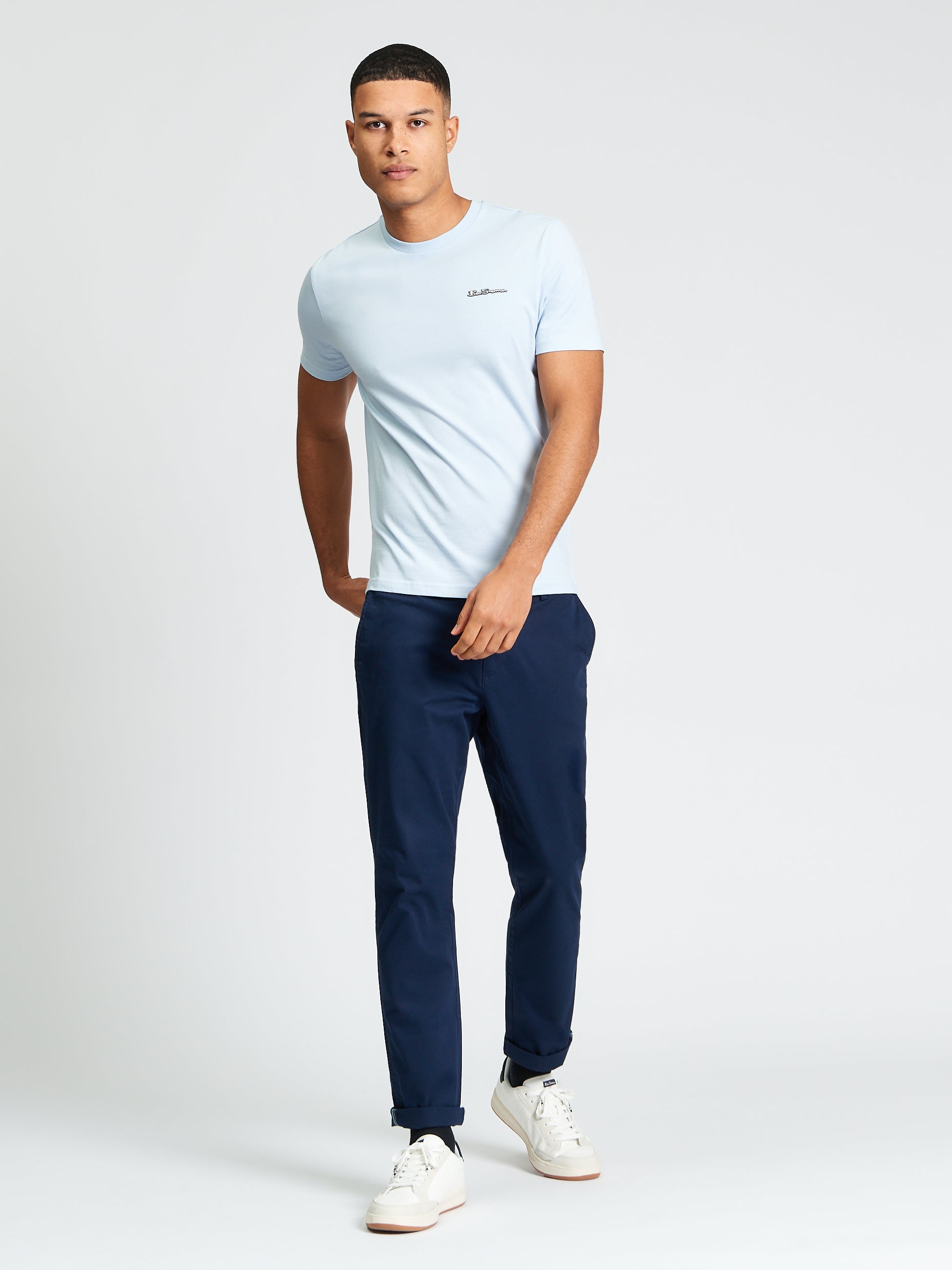 Signature Tee – Light Blue – Crew Neck Style on Model in Casual Outfit