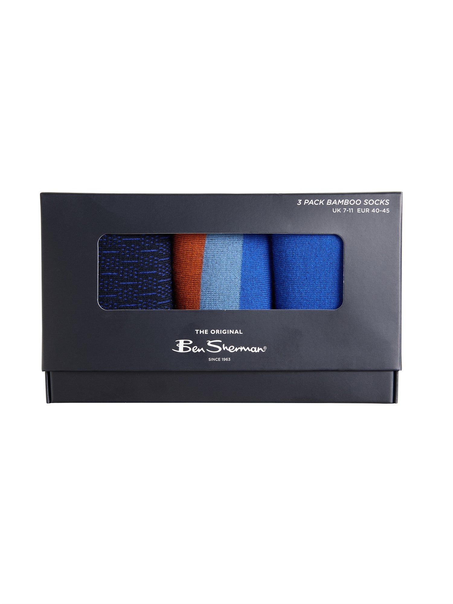 3 Pack Mod Stripe Socks – Assorted crew socks in bold colours, packed in a black box, perfect for gifting.