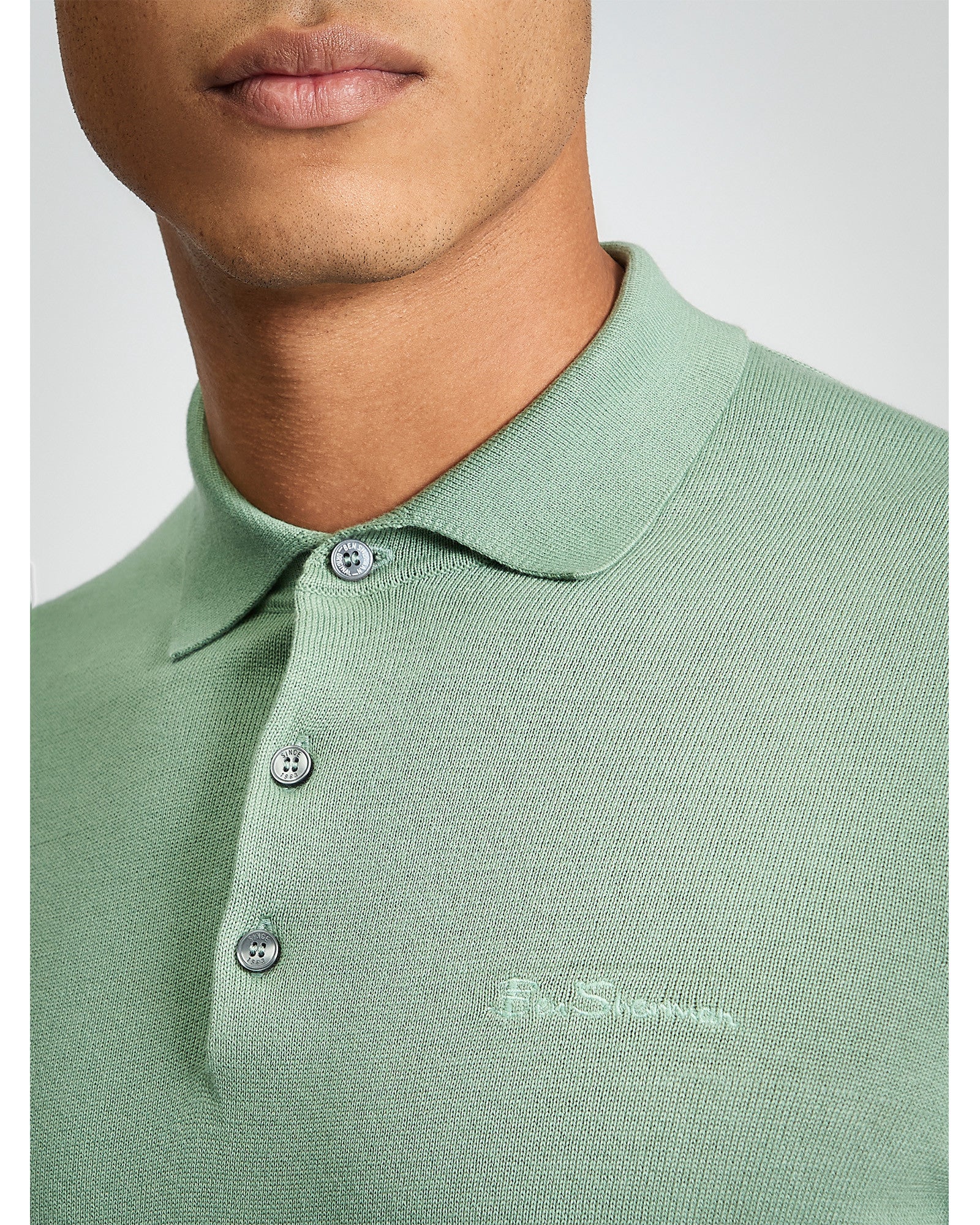 Short Sleeve Signature Knitted Polo - Sage - Close-Up