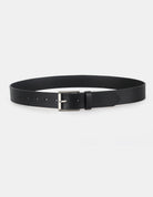 ROLLER BUCKLE BELT – Black leather belt with a silver buckle, perfect for stylish outfits.