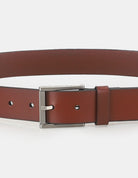 ROLLER BUCKLE BELT – stylish brown leather belt with metal buckle detail
