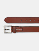 ROLLER BUCKLE BELT – brown leather belt with silver buckle and neat stitching.