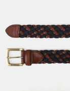 WEBBING BELT – navy blue and brown braided design with a brass buckle.