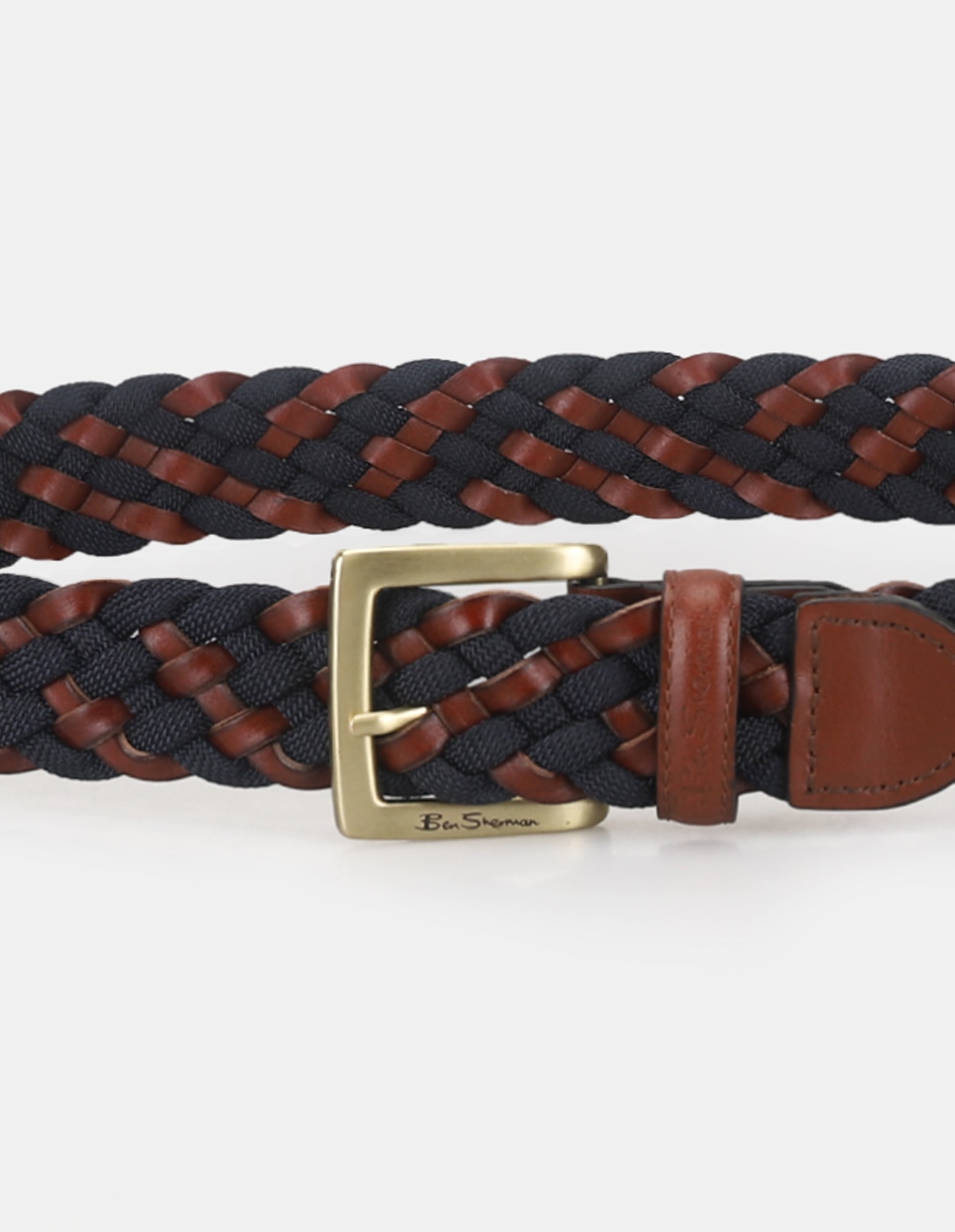 WEBBING BELT – braided blue and brown design with gold buckle