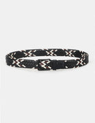 WOVEN BELT – multi-colored braided design with black leather buckle.