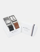 2 BUCKLE BELT SET in gift box featuring a black and brown belt with metallic buckles.