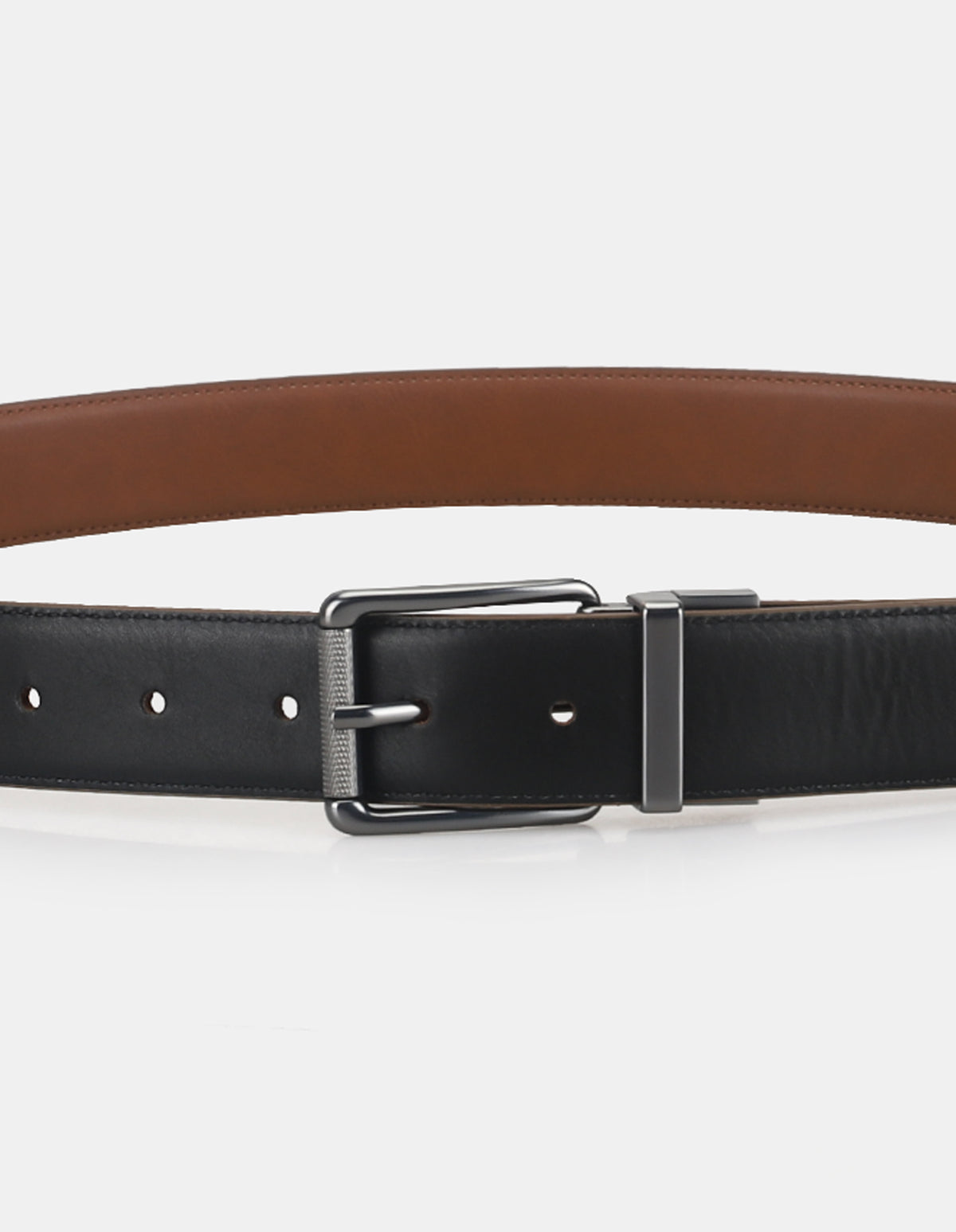 2 BUCKLE BELT SET – black and brown leather belt with metal buckle.