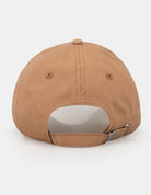 Back view of a BRANDED LOGO CAP featuring an adjustable strap in a brown color.